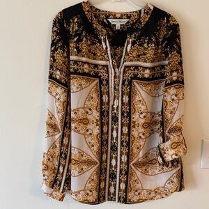 Rebecca Malone Black and Gold Paisley Geometric Patterned Long Sleeve Top large